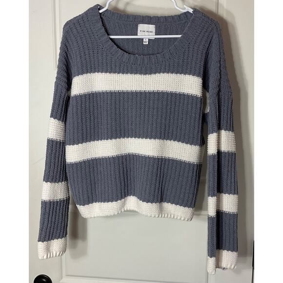 Pink Rose Gray and White Stripe Soft Crop Crew Neck L - Picture 1 of 6